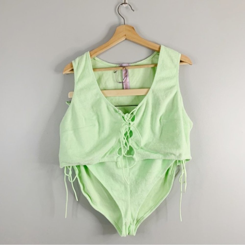 Savage X Fenty Matching Top Bottom Set Lime Green Tank Booty Shorts Lace Up 3X